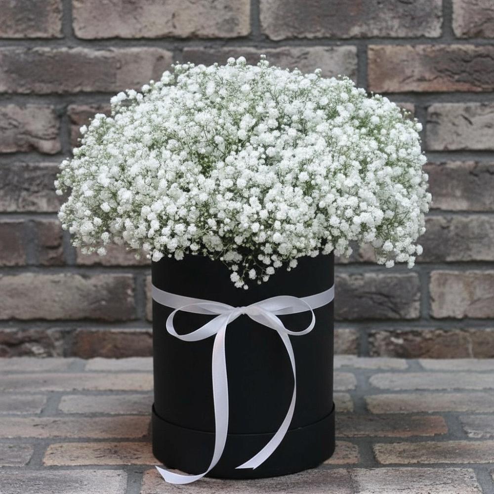 Цветочная композиция из Гипсофила в шляпной коробке в Шатки