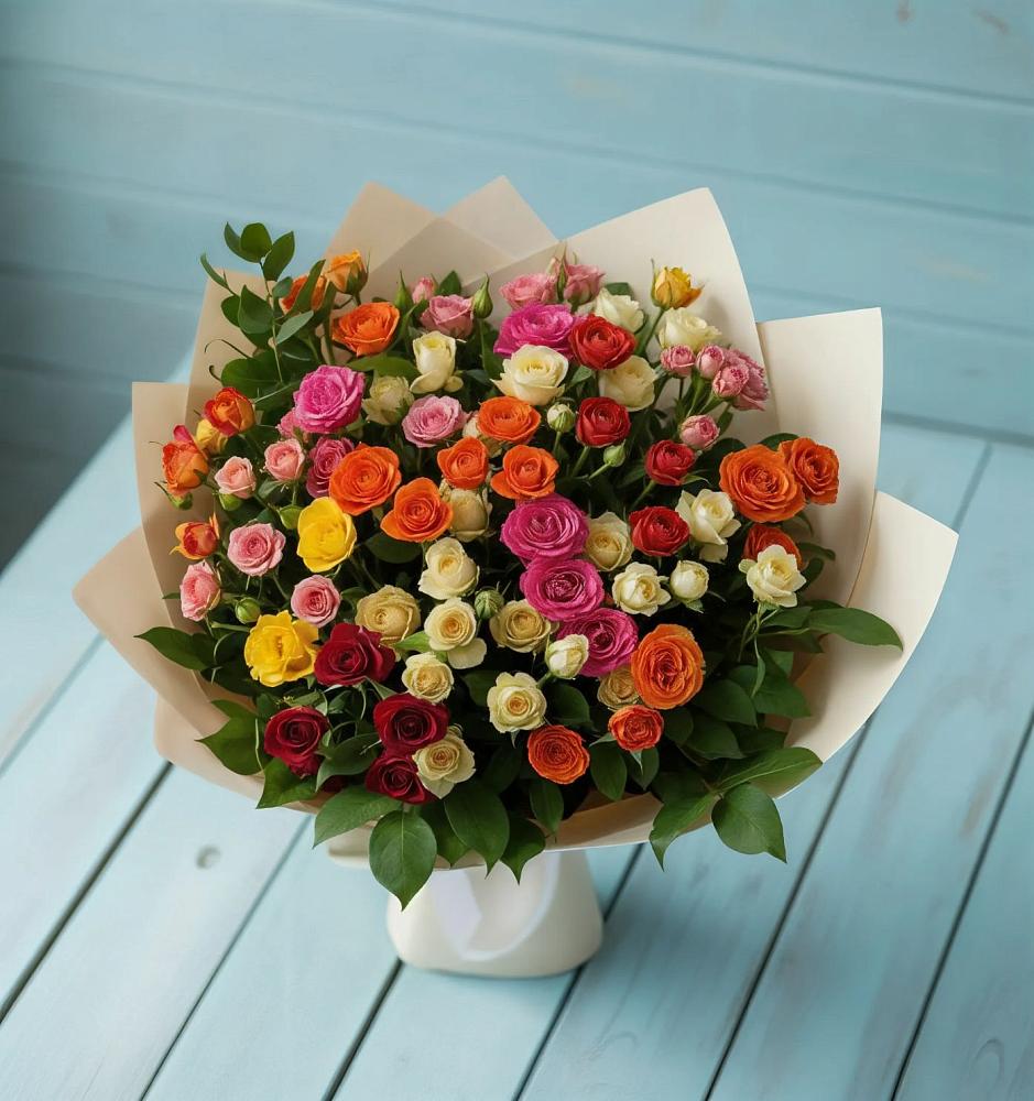 Букет Микс из разноцветных кустовых роз в Шатки